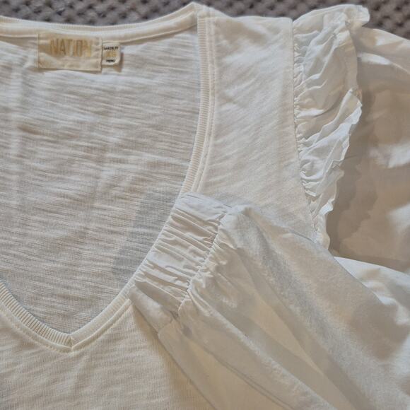 Nation LTD Remi Prim Combo Tee Size XS V-Neck Top Chic Ruffle Puff Sleeve White - Picture 4 of 10